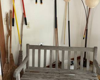 Teak garden bench, garden tools,  handmade brooms