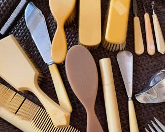 Beautiful celluloid pieces - brushes in very good condition, some marked “France”