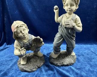 Pair of Vintage Resin Garden Statues of Young Boys Playing Baseball 9 hero