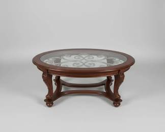 Oval Coffee Table with Glass Top and Ornate Metal Insert 3 hero