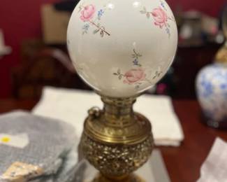 Victorian converted oil lamp, brass base - 21" H
