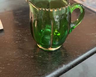 Small pitcher, Riverside Glass Company - green with gold trim