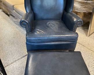 Blue leather wing chair, H 32", D 20 (seat D), D 25" W 29" with foot stool - perfect condition very comfortable