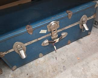 Vintage metal trunk with beefy leather handles on front & side