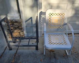Vintage metal lawn chair & firewood holder
