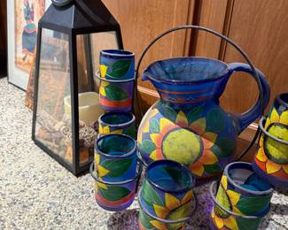 Mexican Hand blown glass with painting pitcher and glasses