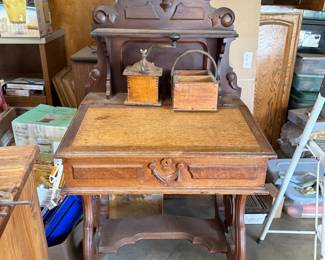 Antique writing desk and antique coffee grinder