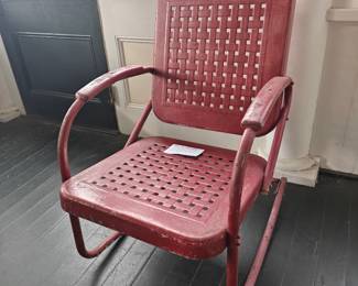 123 Vintage Bunting Glider Co. Iron Rocking Chair w/ Basket Weave Pattern in Red