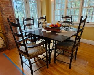 103 Dining Chairs 2x w/ arms, 3x w/o arms 27x18x45 & 20x17x45 104 Drop Leaf Kitchen Table 28(54 open)x48x31