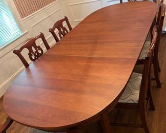 Henkel Harris dining room table and chairs.  Pristine condition.  Shown with 3 leaves.