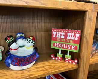 Ceramic Snowmen Candy Dish - Wooden Christmas Shelf Decor