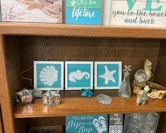 Hanging Beach Shell Wall Hanging - Starfish & Shell Paperweights - Dimpled Glass Decanter w/Starfish Stopper - Ceramic Pelican Dish