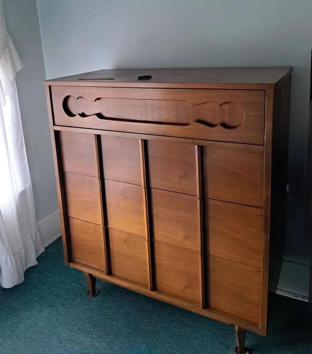Mid-Century Modern Tallboy Dresser with sculpted front