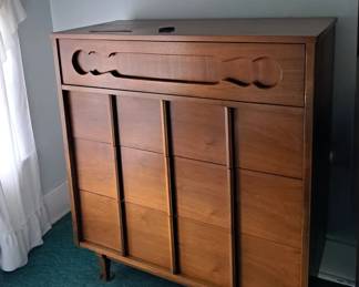 Mid-Century Modern Tallboy Dresser with sculpted front