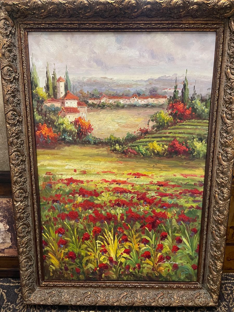 43” H x 31 w Tuscan oil on canvas painting; beautiful red poppies