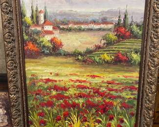 43” H x 31 w Tuscan oil on canvas painting; beautiful red poppies