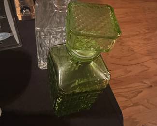 vintage green diamond-cut glass liquor decanter with a stopper, crystal decanter