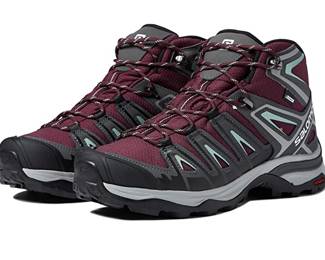 Salomon women’s X Ultra Pioneer MID CSWP Hiking Shoes in wine tasting/magnet/granite green, size 11.