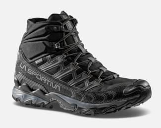 La Sportiva Men’s Ultra Raptor II Mid GTX hiking trail shoes in black/clay, size 12.