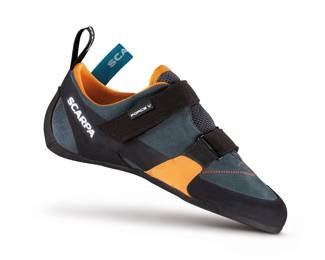 Scarpa men’s Force V climbing shoes in mangrove-papaya in a size 11.