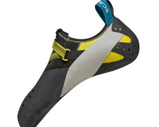 Scarpa men’s Veloce climbing shoes in black/yellow, size “11 2/3”.