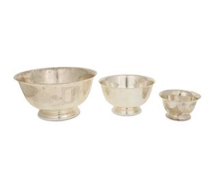 375
Three Revere-style sterling silver bowls
Mid-20th century
Each marked for sterling; one marked for Gorham and numbered: 41660; another marked for International and numbered: D259; the last marked for Manchester and numbered: 873
The footed bowls in graduated sizes, one personalized
3 pieces
Largest: 4.625" H x 9.125" Dia.; Smallest: 2.5" H x 4.5" Dia.
Total weight: 40.53 oz. troy approximately
Estimate: $800 - $1,200