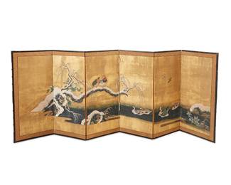 283
A Japanese six-panel byobu screen
Edo Period (1603-1867) or later
The painted and gilt rice paper screen in a wood frame, each panel coming together to depict ducks and waterfowl in a winter seaside landscape, within a gold-toned fabric border
Each panel: 41.75" H x 18.75" W x 0.75" D; Stored: 4" D
Estimate: $700 - $900