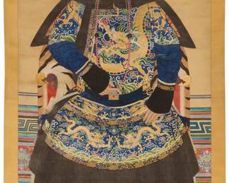 196
A Chinese ancestral portrait, 19th Century or later
"A portrait of Mr. Qin Tai Ya, from the nobility family of Manchukuo," circa 1830
Ink and pigment on silk mounted to a fabric scroll
Signed by the sitter, "Mr Qin Tai Ya" in black ink to the right of the figure's right foot; titled and dated on a certificate
Image: 74" H x 39.5" W; Overall: 90" H x 50.25" W (approx.)
Estimate: $3,000 - $5,000