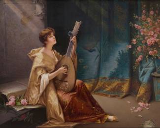 141
A Berlin (KPM) porcelain plaque
After Conrad Kiesel (1846-1921)
"Mandolinater"
Depicting a woman in an interior playing the mandolin
Impressed KPM, with the incised size, and titled, all verso
8.625" H x 11.25" W
Estimate: $800 - $1,200