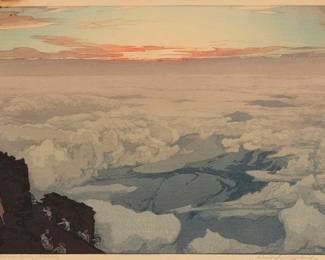 234
Hiroshi Yoshida
(1876-1950)
"Sunrise Rite," from the "Ten Views of Fuji" portfolio, 1928
Woodcut in colors on paper
From the edition of unknown size and date
Signed and titled in pencil in the lower margin: Hiroshi Yoshida; with the printed black ink signature and the artist's red ink seal in the image at lower right; with the jizuri ("self printed") stamp as well as other Japanese characters stamped in the left margin
Image: 9.75" H x 14.75" W; Sight: 10.25" H x 15.25" W
Estimate: $600 - $800