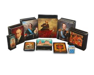 121
A group of Russian lacquer boxes
Late 20th/early 21st century
One inscribed under lid: Fedoskino Pegochuho; some variously signed
Four depicting political figures including Alexander II, Peter I, Vladimir Lenin, and Vladimir Putin, and six depicting Russian scenes and religious themes
10 pieces
Largest: 3.625" H x 6.75" W x 7.375" D; Smallest: 1.75" H x 2" W x 2" D
Estimate: $700 - $900