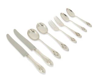 380
A Lunt sterling silver 'Mount Vernon' flatware service
20th century
Each marked: RLB [Rogers, Lunt & Bowlen Company] / Sterling
Comprising 12 dinner knives (9.375"), 11 salad forks (6"), 11 cream soup spoons (7"), and 13 teaspoons (5.875")
47 pieces
Total weighable sterling: 33.7 oz. troy approximately
Estimate: $700 - $900