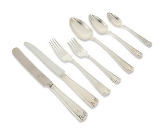 374
A Gorham sterling silver 'Etruscan' flatware service
Mid/late 20th century
Each marked for Gorham and for sterling
Comprising 12 dinner knives (9.75"), 6 dinner knives with alternate blade (9.625"), 17 dinner forks (7.625"), 12 salad forks (6.25"), 11 oval soup spoons (7"), 18 teaspoons (6"), and 4 serving spoons (8.375")
80 pieces
Total weighable sterling: 84 oz. troy approximately
Estimate: $1,500 - $2,000