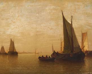 151
Paul Jean Clays
(1819-1900)
Sailing ships in a calm harbor, 1853
Oil on panel
Signed and dated lower right: P.J. Clays 1853
22.25" H x 36.25" W
Estimate: $1,200 - $1,800