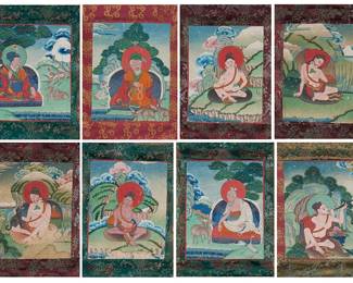 267
Eight East Tibetan thangkas depicting various Mahasiddhas, 20th century
The eight thangkas with ink and pigment on thin fabric, each with a multi-colored brocade fabric border and three thread loops; Each composition portrays a Mahasiddha, seated in a meditative or active posture within a stylized landscape, with each of the Mahasiddhas surrounded by mythical creatures and/or ritual implements
Smallest: 21" H x 15.75" W; Largest: 22" H x 15.25" W
Estimate: $8,000 - $12,000