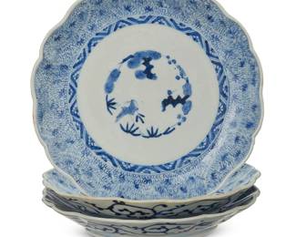 242
Three Japanese Arita ware blue and white porcelain dishes
Edo Period (1603-1868)
Each bearing an apocryphal reign mark for Chenghua Seika (1465-1487)
Each with scalloped rim, decorated with tree motifs
3 pieces
Each: 1.5" H x 8.25" Dia. approximately
Estimate: $300 - $400