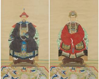 197
Two Qing (1644-1912) style ancestral portraits, early 20th century
Two ancestral portraits of an engaged or married couple
Each: Pigment and ink, including metallic pigments, on fabric laid to fabric, with a patterned fabric border, as issued
Each sheet: 43.25" H x 25.625" W; Each sight (including fabric border): 50.5" H x 31" W
Estimate: $500 - $700