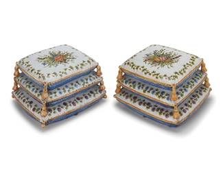 15
A pair of Continental glazed earthenware stacked cushion footstools
20th century
In the form of three stacked pillows with corner tassels and floral motifs
2 pieces
Each: 12.25" H x 19.5" W x 15.5" D
Estimate: $600 - $900