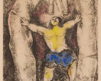 13
Marc Chagall
(1887-1985)
"Samson renverse les colonnes," plate 57 from "La Bible," 1931-39
Etching with hand-coloring on wove paper
Edition: 27/100
Initialed and numbered in pencil in the lower margin: M. Ch.; Raymond Haasen, Paris, prntr.; Tériade, Paris, pub., 1956-58
Plate: 11.5" H x 9.75" W; Sheet: 17.875" H x 14" W
Estimate: $2,000 - $3,000