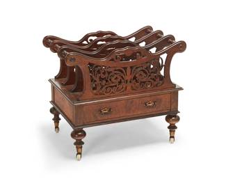 331
A Victorian walnut Canterbury
Circa 1840
With burlwood veneer and four pierced racks joined by turned joints, above a single drawer and raised on turned legs with casters
20.5" H x 22.5" W x 16" D
Estimate: $300 - $500