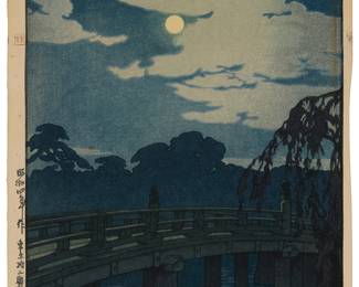 236
Hiroshi Yoshida
(1876-1950)
"Hirakawa Bridge," 1929
Woodcut in colors on paper
From the edition of unknown size and date
With the artist's name and the title both stamped in ink in the lower margin: Hiroshi Yoshida; with the printed black ink signature and the artist's red ink chopmark in the image at lower right; Japanese characters stamped in the left margin
Image: 14.75" H x 9.625" W; Sight: 15.375" H x 10.25" W
Estimate: $300 - $500