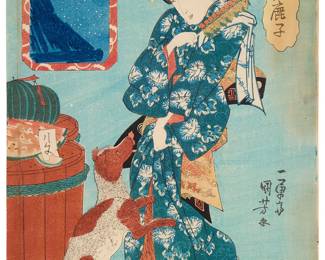 294
Utagawa Kuniyoshi
(1798-1861)
"Courtesan with a Dog," circa 1842
Woodcut in colors on Japanese paper backed with tissue-thin paper
From the edition of unknown size and date
With the printed black ink signature, inscriptions, and chopmarks in Japanese, in the right half of the image
Image: 14.375" H x 9.875" W; Sheet: 14.5" H x 10" W
Estimate: $400 - $600