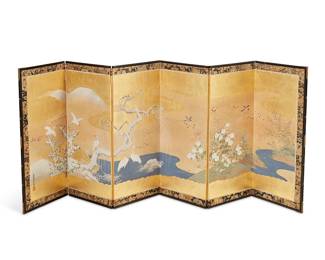 282
A Japanese six-panel byobu screen
Edo Period (1603-1867) or later
Signed to left panel at bottom left corner
The painted and gilt rice paper screen in a wood frame, each panel coming together to depict herons and other birds within a flowery Winter landscape, within a gold-toned fabric border, featuring small paintings of trees verso
Each panel: 33.25" H x 14.75" W x 0.5" D; Stored: 3.25" D
Estimate: $800 - $1,200