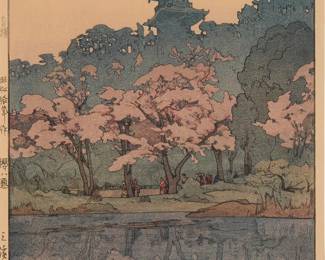 276
Hiroshi Yoshida
(1876-1950)
"Sankei-en," from the "Eight Scenes of Cherry Blossoms" series, 1935
Woodcut in colors on paper
From the edition of unknown size and date
Signed and titled in pencil in the lower margin: Hiroshi Yoshida; with the printed black ink signature and the artist's red ink seal in the image at lower right; with the jizuri ("self printed") stamp as well as other Japanese characters stamped in the left margin; dated 1935 and numbered "191" in pencil, in another hand, at the center of the lower margin; titled and dated again in ink, in another hand, on a label affixed to the frame's backing paper
Image: 14.75" H x 9.625" W; Sight: 15.5" H x 10.25" W
Estimate: $400 - $600