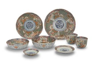243
A Japanese Imari porcelain dinner service
20th century
Each with blue underglaze mark to underside
Comprising 10 dinner plates (10.125"), 20 salad plates (8.75"), 19 small plates (5.5"), 20 shallow bowls (6.25"), 20 deeper bowls (6.75"), 20 rice bowls (4.875"), 20 soup bowls (4.375"), 19 footed dishes (5.25"), 20 soy sauce dishes (4"), 19 sake cups (2.5"), and 20 teacups (3.5") with 20 saucers (3.875")
227 pieces
Estimate: $700 - $900