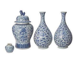 78
A group of Chinese blue and white porcelain vessels
20th century
Each stick-neck vase bearing apocryphal reign mark for Yongzheng Period (1723-1735)
Comprising two stick-neck vases, a large covered ginger jar with guardian lion finial, and a small round vase, each with blue floral decoration
4 pieces
Each vase: 15.25" H x 7.875" Dia.; Jar: 20" H x 11" Dia.; Small vase: 3.875" H x 4.25" Dia.
Estimate: $700 - $900