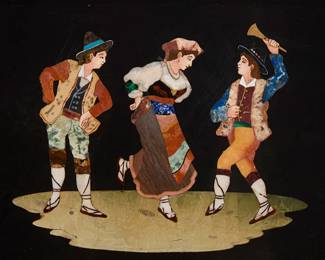 149
A pietra dura plaque
20th century
The rectangular plaque inlaid with various stones, depicting three dancing figures
Sight: 6.75" H x 9.5" W
Estimate: $400 - $600