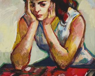 393
Josef Liesler
(1912-2005)
"Nadja Oprena o Lokte" (Nadja Leaning on Her Elbow), 1959
Oil on Masonite
Signed and dated lower right: Liesler 1959; signed and dated again, inscribed, and titled, all verso
39.25" H x 27.5" W
Estimate: $2,500 - $3,500