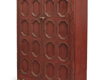 400
A Canadian stained pine cabinet
Early/mid-19th century; Frontenac or Victoria County
Of mortise and tenon construction, the reeded cornice above two cabinet doors fitted with octagonal panels with fan corner accents, opening to reveal three shelves to each side
73.5" H x 50.5" W x 21.25" D
Estimate: $1,000 - $1,500