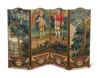 140
A Flemish Baroque tapestry-mounted four-panel floor screen
The tapestry fragments 17th/18th century
Each section mounted to wood panel with brass tacking and felt backing, the middle two depicting figures in a garden scene, the outer panels depicting arboreal landscapes
Each panel: 58.75" H x 22" W x 1.5" D; Stored: 5.5" D
Estimate: $1,000 - $1,500